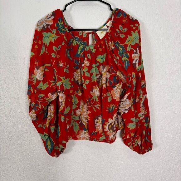 Maeve by Anthropologie Red with Tan Floral Long Sleeve Blouse Top - Picture 1 of 8